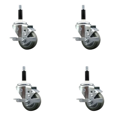 Service Caster 3'' SS Gray Poly Swivel 7/8'' Expanding Stem Caster Set with Brake, 4PK SCC-SSEX20S314-PPUB-TLB-78-4